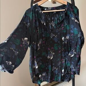 Torrid Black Floral Blouse with Green and Fuschia Accents